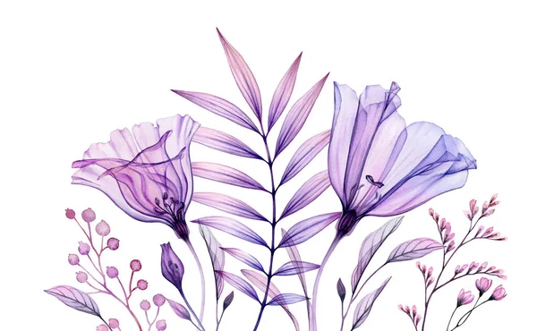 Aquarel bloemstuk in paars. Horizontale grens. Handgeschilderd kunstwerk met transparante violette bloem en tropische bladeren geïsoleerd op wit. Abstracte botanische illustratie — Stockfoto