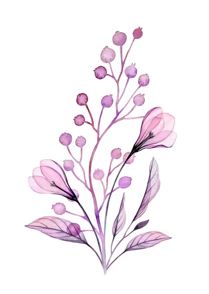 Σύνθεση με λουλούδια σε μωβ χρώμα. Χειροποίητο ζωγραφισμένο έργο τέχνης με διαφανή ροζ λουλούδια και μικρά μούρα που απομονώνονται σε λευκό χρώμα. Βοτανική απεικόνιση για κάρτες, σχεδιασμός γάμου — Φωτογραφία Αρχείου