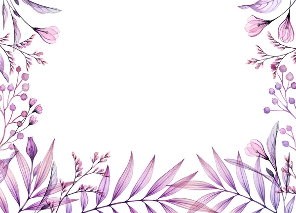 Banner floral de acuarela en púrpura. Marco horizontal con lugar para texto. Obra de arte pintada a mano con flor violeta transparente y hojas tropicales. Resumen de la ilustración botánica —  Fotos de Stock