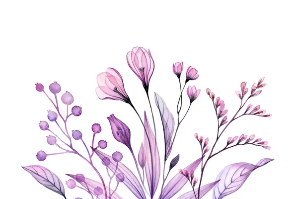 Aquarell florale Komposition. Handbemalte Kunstwerke mit transparenten Krokusblüten und -zweigen. Abstrakte botanische Illustration für Karten, Hochzeitsdesign — Stockfoto