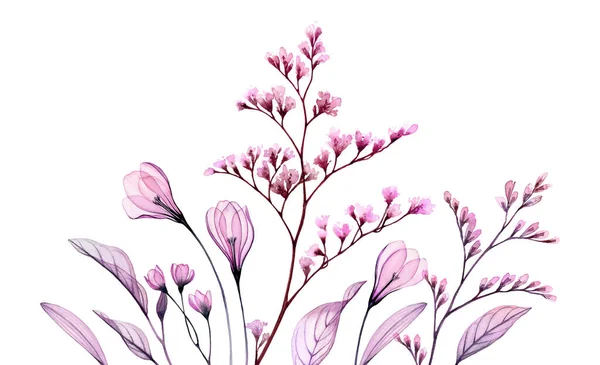 Rand met aquarelbloemen. Hand geschilderd horizontaal kunstwerk met transparante lentebloemen en takken in bloei. Abstracte botanische illustratie voor kaarten, huwelijksontwerp — Stockfoto