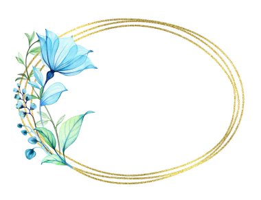 Altın parıltılı çerçeveli şeffaf çiçekli suluboya. Mavi çiçekli ve oval folyolu zarif bir yatay kart şablonu. Mesaj için yer. Modern boho kartları için botanik çiçek çizimi.