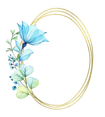 Mavi çiçekli zarif bir dikey kart şablonu. Altın parıltılı çerçeveli şeffaf çiçekli suluboya. Oval pankartta mesaj için yer var. Botanik Çiçek Çizimi.