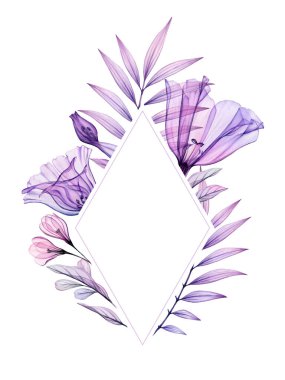 Mor güllerden, yapraklardan, palmiye dallarından oluşan şeffaf dikey çiçek çerçevesi. Metin için yer içeren kart şablonu. El yapımı vintage çizimi düğün kırtasiyesi tasarımı.