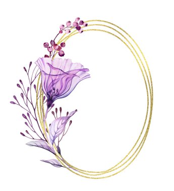 Mor Eustoma çiçekleriyle süslü zarif bir kart şablonu. Altın parıltılı çerçeveli şeffaf çiçekli suluboya. Oval dikey pankart ve metin için yer var. Botanik Çiçek Çizimi.