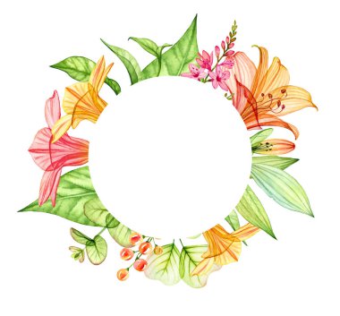 Suluboya çiçek kartı şablonu. Yuvarlak çerçeve, metin için yer var. Şeffaf portakal çiçekleri, zambak ve okaliptüs yaprakları. Pankartlar ve düğün için botanik tropikal çizimler.