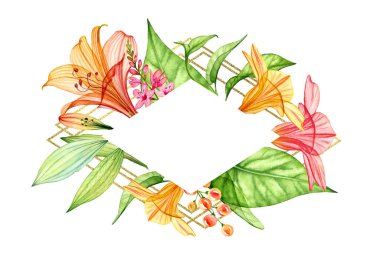 Suluboya çiçek kartı şablonu. Altın folyoyla yatay eşkenar çerçeve ve yazı için yer. Şeffaf portakal çiçekleri, zambak ve okaliptüs yaprakları. Botanik tropikal illüstrasyon.