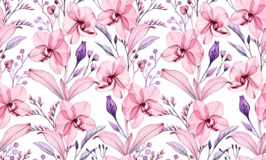 Çiçeksiz suluboya desen tekrarlanıyor. Soyut saydam orkideler, yapraklar ve meyveler. Mor, pembe ve mor renkli tekstil için izole edilmiş el çizimi.