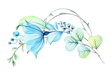 Şeffaf Bell Çiçeği buketi. Büyük mavi yapraklar ve okaliptüs yapraklarıyla kemer şeklinde suluboya kompozisyonu. Turkuaz çiçekli soyut resim. Elle boyanmış canlı çizimler.