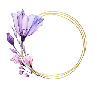 Şeffaf Eustoma ile suluboya altın çerçeve. Yuvarlak çiçek ve yaprak çelengi. Gerçekçi altın parıltı çerçevesi. Metin ve düğün kırtasiyesi tasarımı için el boyası çiçek mahsulü illüstrasyon.