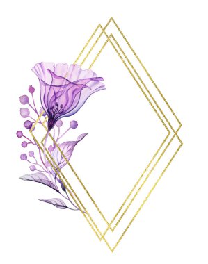 Altın parıltılı çerçeveli şeffaf çiçekli suluboya. Mor çiçekli ve parlak folyolu zarif bir dikey kart şablonu. Mesaj için yer. Modern boho kartları için botanik çiçek çizimi.