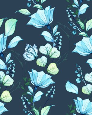 Suluboya Çan Çiçeği kusursuz desen. Büyük mavi taç yaprakları, tomurcukları ve koyu arkaplanda yaprakları olan yüzey tasarımı. Turkuaz çiçekli soyut resim. Havadar ve zarif tekstil tasarım kalıbı.