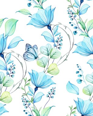 Şeffaf Çan Çiçeği desenli suluboya. Beyaz arka planda büyük mavi taç yaprakları, tomurcukları ve yaprakları olan yüzey tasarımı. Turkuaz çiçekli soyut resim. Yüksek kaliteli illüstrasyon