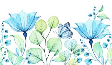 Okaliptüs ve kelebekli şeffaf suluboya mavi gül. Uzun, pürüzsüz, yatay sınır çiçekleri çizimi. İzole edilmiş el çizimi botanik illüstrasyon. Yüksek kaliteli illüstrasyon