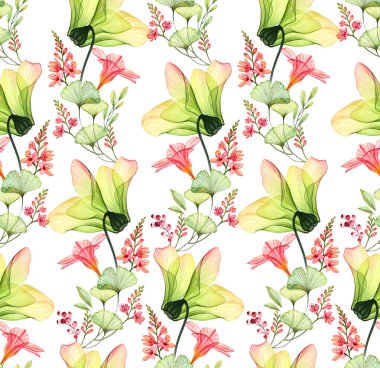 Suluboya Şeffaf Azalea, frezya, çiçek ve yapraklar. Beyazda izole edilmiş kusursuz tropikal desen. Düğün tasarımı için botanik illüstrasyon, duvar kağıtları, tekstil. Yüksek kalite