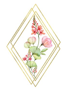 Altın çerçeveli şeffaf çiçekli suluboya pankart. Pembe çiçekli ve parlak folyolu zarif bir dikey kart şablonu. Kartlar, düğün, baskı için el çizimi illüstrasyon.