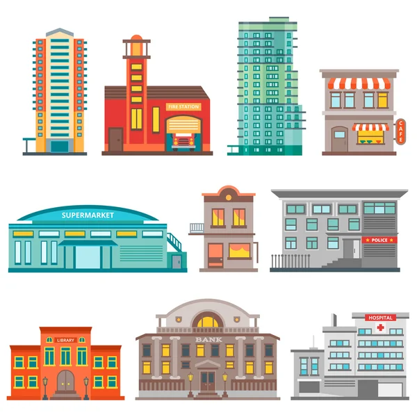 Ciudad edificios icono conjunto — Vector de stock