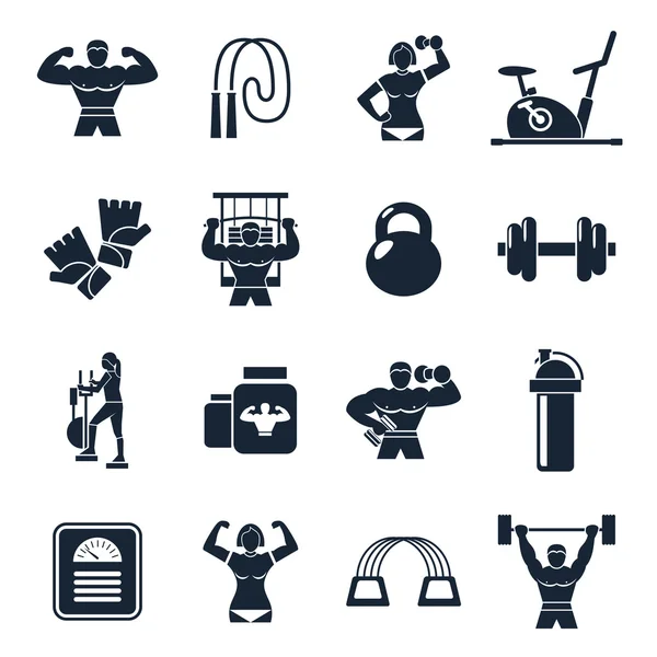 Bodybuilding zwart icon set — Stockvector