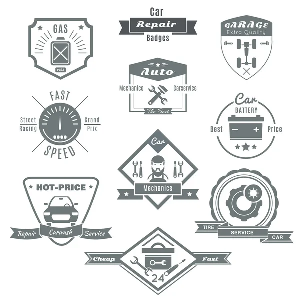 Insignias blancas negras de reparación del coche — Vector de stock