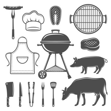 Barbekü dekoratif grafik düz Icons Set
