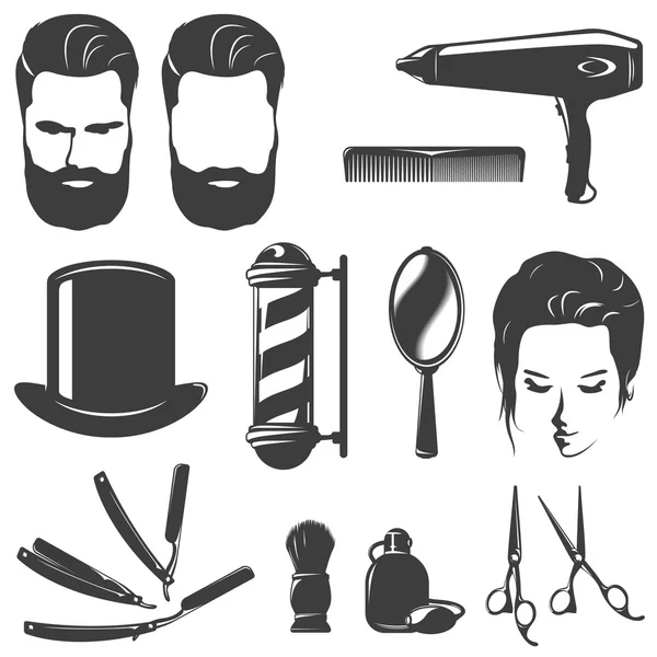 Barbero Negro Blanco Vintage Iconos Set — Vector de stock