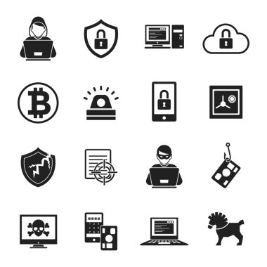 Internet güvenlik siyah beyaz simgeler kümesi