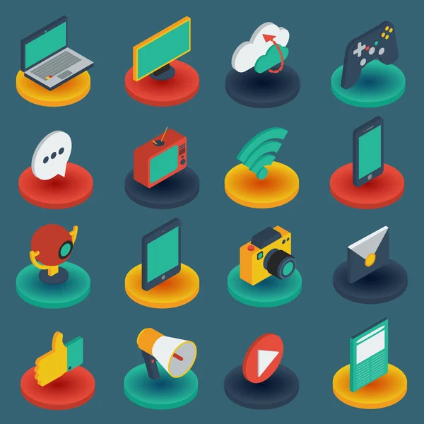 Iconos isométricos de los medios en bases redondas — Vector de stock