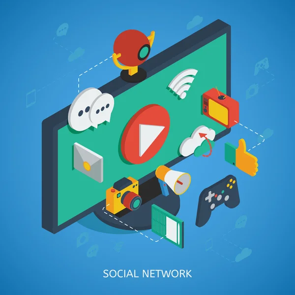 Composizione isometrica del social network — Vettoriale Stock