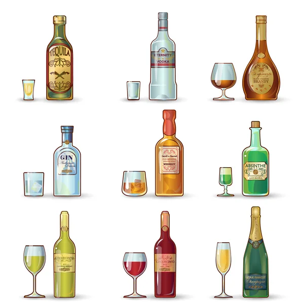 Alkoholflaschen dekorative Symbole Set — Stockvektor