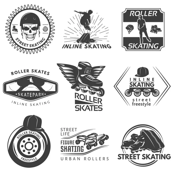 Roller Skating Black White Labels — Stock Vector