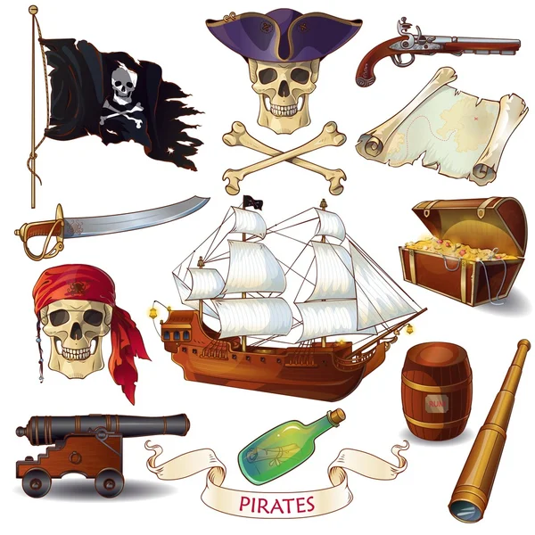 Conjunto de ícones de desenhos animados piratas —  Vetores de Stock