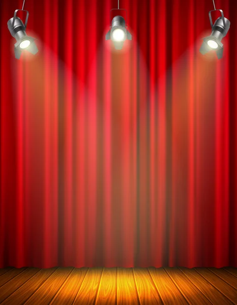 Escenario vacío iluminado con cortina roja — Vector de stock
