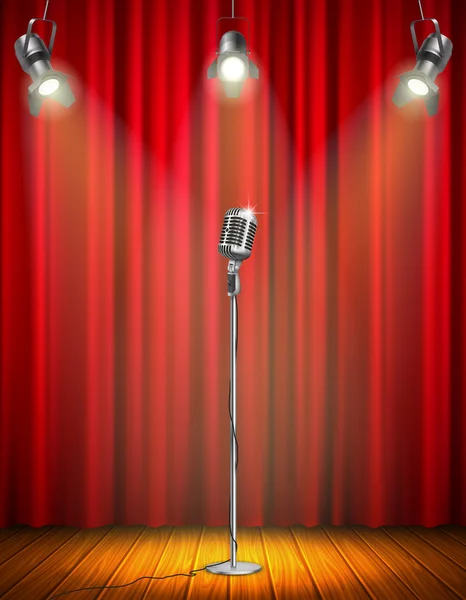 Microfono vintage sul palco illuminato — Vettoriale Stock