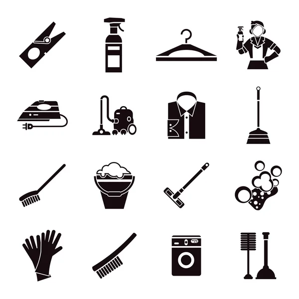 Juego de iconos negro de limpieza — Vector de stock