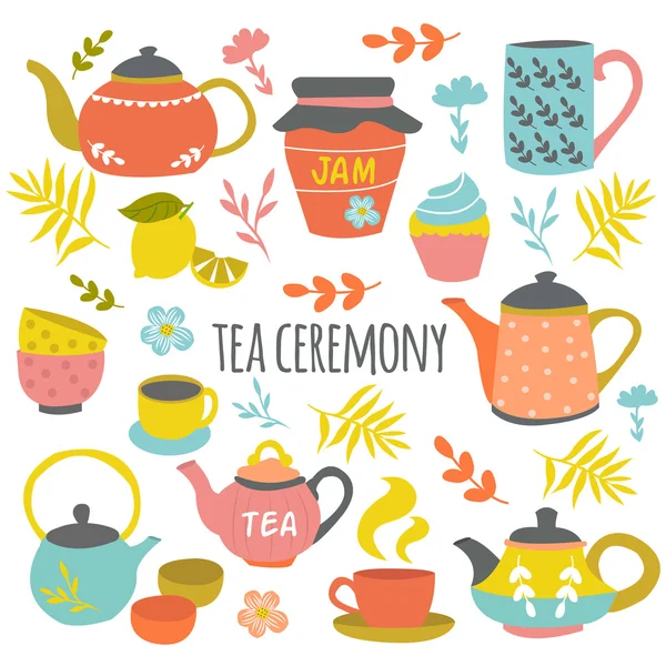 Ceremonia del té Composición dibujada a mano — Vector de stock