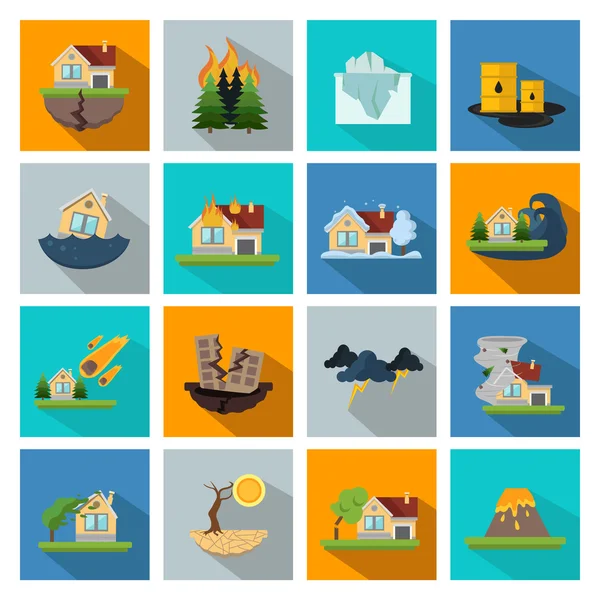 Tizenhat katasztrófa károk vonal Icon Set — Stock Vector