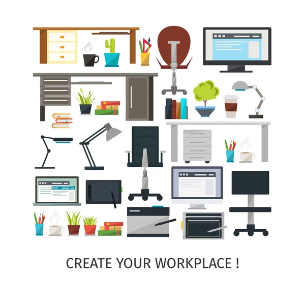 Crear interior lugar de trabajo conjunto de iconos — Archivo Imágenes Vectoriales