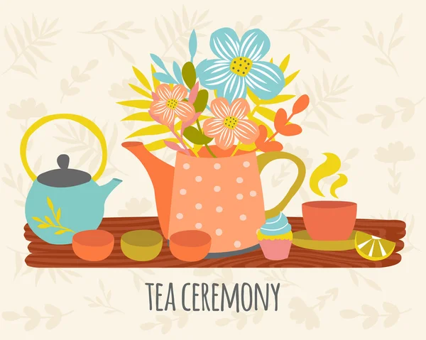 Ceremonia del té Diseño dibujado a mano — Vector de stock