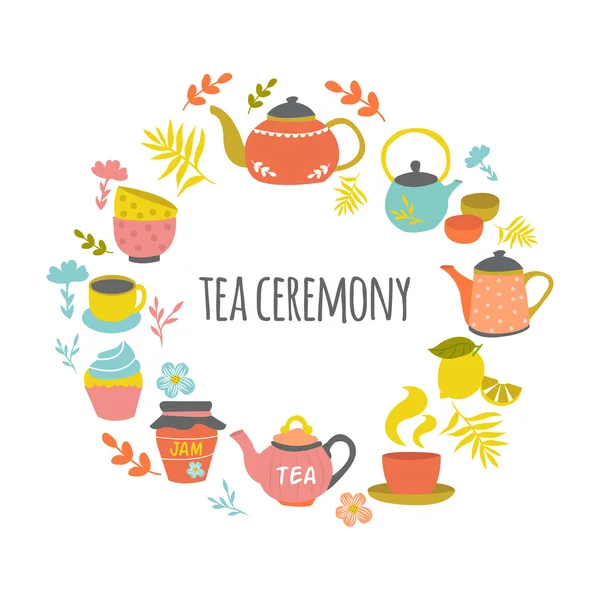 Ceremonia del té Dibujado a mano Diseño redondo — Vector de stock