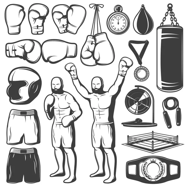 Boxing Black White Elements Set — Stock Vector