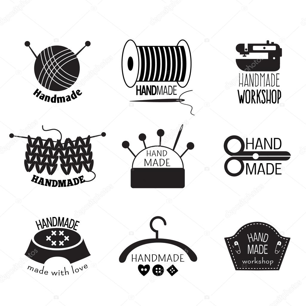 Handmade monochrome logos with knitting tools sewing machine cushion for needles spool of thread isolated vector illustration