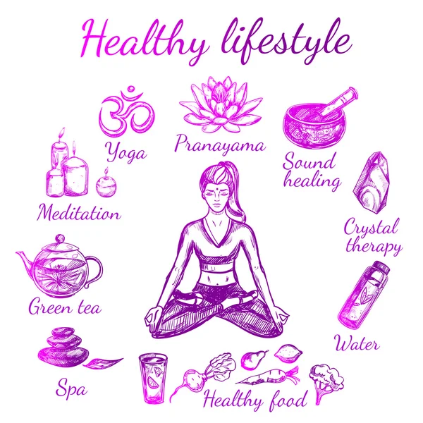 Yoga Sketch Lifestyle Composition — Stock Vector