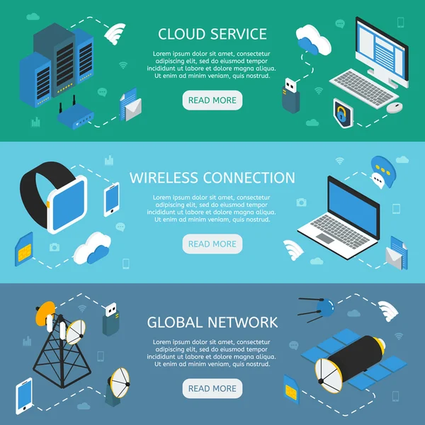 Banners isométricos horizontales de tecnología inalámbrica — Archivo Imágenes Vectoriales