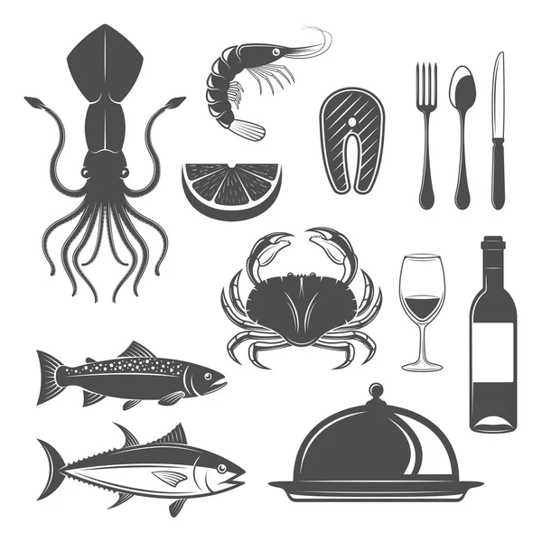 Seafood Monochrome Objects Set — Stock Vector