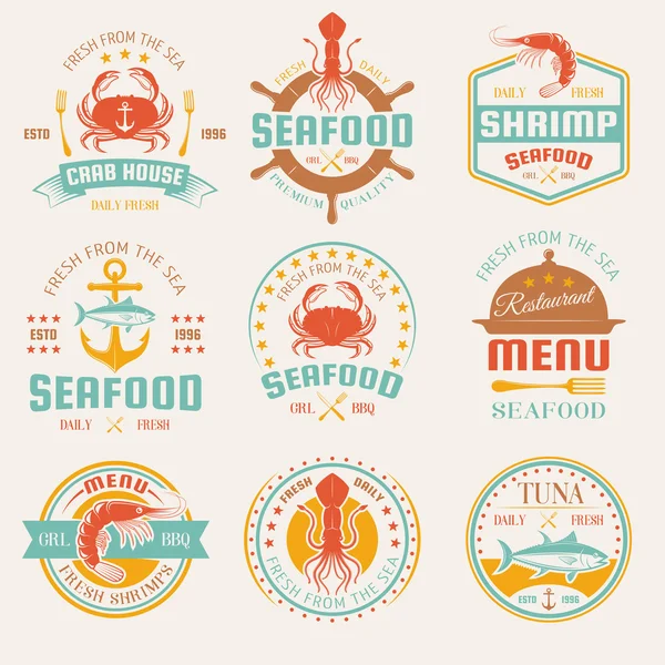 Frutti di mare colorati Emblemi ristorante — Vettoriale Stock