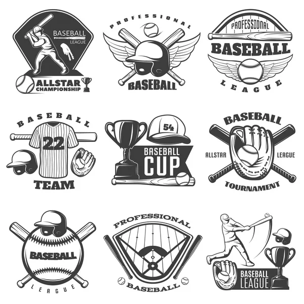 Beisebol preto branco Emblems — Vetor de Stock