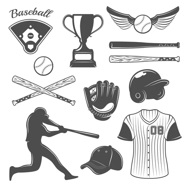 Juego de elementos monocromáticos de béisbol — Vector de stock