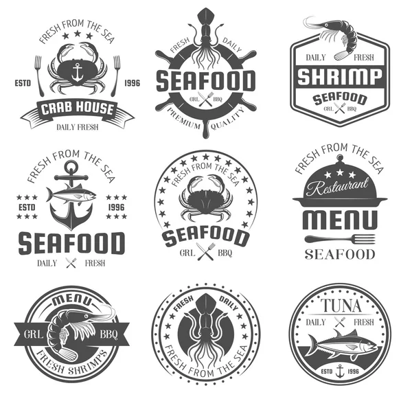 Frutti di mare Black White Restaurant Emblems — Vettoriale Stock