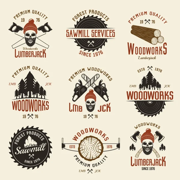 Lumberjack colorido estilo retro Emblems — Vetor de Stock