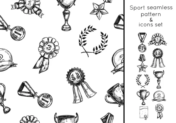 Sketch Sport Win Seamless Patrol and Icon Set — стоковый вектор